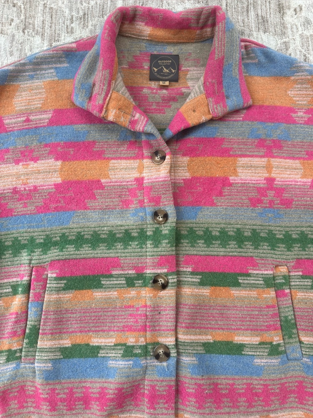 Outdoor Collection Wool Blend Multi Color Aztec Boho Geometric Pattern Jacket- M - Picture 2 of 9